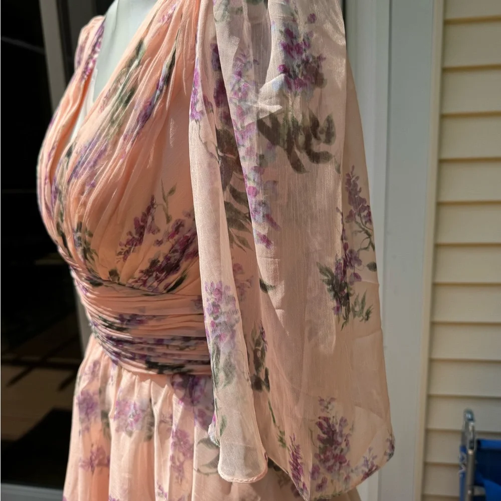 Ieena for Mac Duggal Pink Floral Flutter Sleeve Deep V Neck Mini Dress Size 6 - Picture 4 of 16